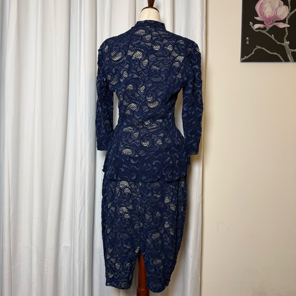 Elana Kattan Lace 2 Piece Skirt Set Wrap Peplum Top Navy Blue Women’s L / M - Picture 3 of 16